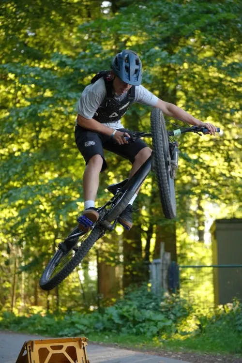 Biker im Sprung im Wald